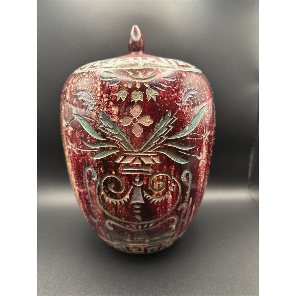 Vintage Chinese Handmade Incised Floral Greek Key Pattern Ginger Jar Urn Vase